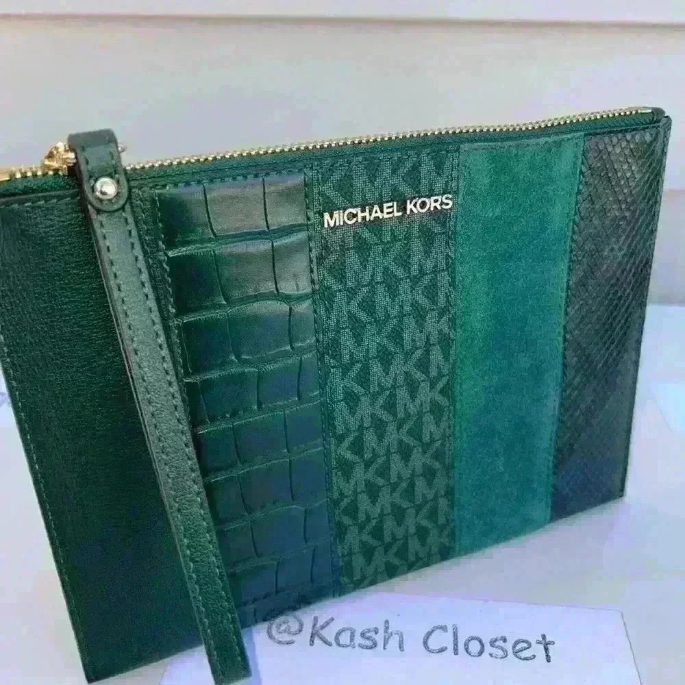 Michael Kors Clutch Wristlet XL Large Top Zip Clutch Purse Racing Green - Picture 3 of 6